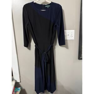 Lauren Ralph Lauren Women’s Dress Black Navy Belted Wrap Style Flare bottom